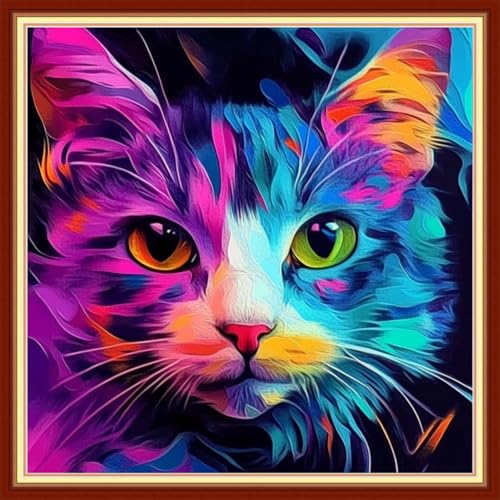 DMCVIVR Stamped Cross Stitch Kits for Beginners Adults Needlepoint Kits for Beginners Embroidery Kits for Adults Crossstitch Kit for Beginners 11CT-Colorful Cat 18x18 inchs - color: ColorNice07