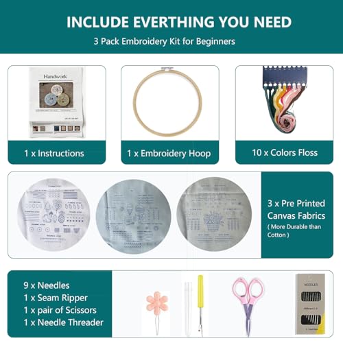 Gocomcom Embroidery Kit for Beginners, 3 Sets Cross Stitch Kits for Adults, Learn 33 Core Stitches, Needle Point Kits with Step-by-Step Instructions, DIY Craft Hobby Supplies for Women