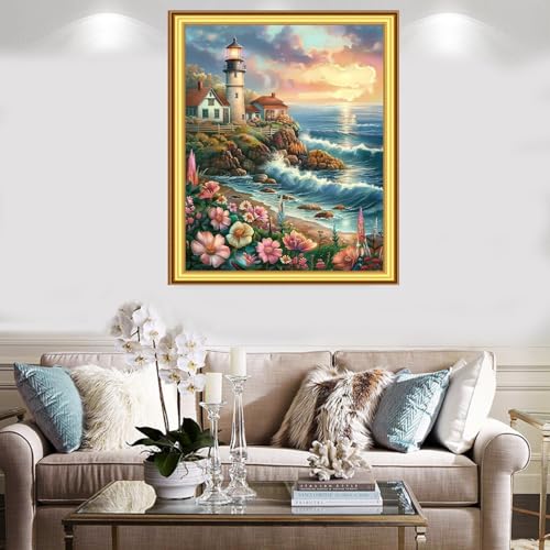 Foxnyart Stamped Cross Stitch Kits Full Range of Embroidery Needlework Starter Kits for Beginners Adults 11CT Embroidery Patterns Art Crafts DIY Needlepoint Kit-Seaside Lighthouse 16x20 inchs - color: DIYcolor19