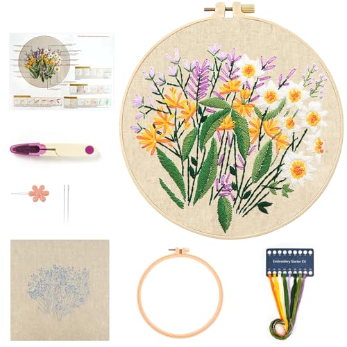 MAMUNU Embroidery Kit for Beginners Adults, Cross Stitch Kits, Stamped Cross Stitch Kits, Floral Flower Embroidery Kit with Printed Embroidery Cloth, Embroidery Hoop, Color Threads and Tools - color: Flower