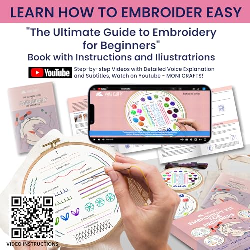 Moni Crafts Embroidery Kit for Beginners – DIY Hand Embroidery Set for Adults with 4 Stamped Patterns, Hoop, Threads, Needles and Step-by-Step Stitch Guide to Learn 33 Stitches - color: Beginners - Practice