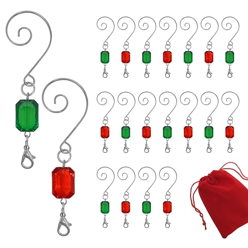 Christmas Ornament Hooks Set of 20 Red and Green Acrylic Jewel Hangers, Silver Wire Decorative Scroll S Hooks with Lobster Claws, 3 Inch Holiday Ornament Hangers for Christmas Tree Decorations