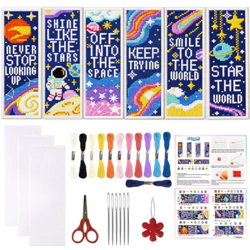 ORIGACH 6 Set Cosmic Space & Quotes Cross Stitch Bookmark Kit - style: Cosmic Space & Inspirational Quotes