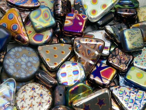 0.8 oz (25g) Mix of Unique Czech Bohemia Glass Pressed Beads with Various Patterns, Matte and Glossy, Hand Made BCV - color: LIMITED FAN Mix