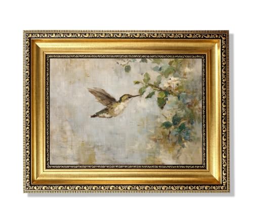 Vintage Gold Framed Hummingbird Wall Art,Antique Frame Bird Canvas Print - color: Hummingbird Gold Framed, size: 11"L x 9"W