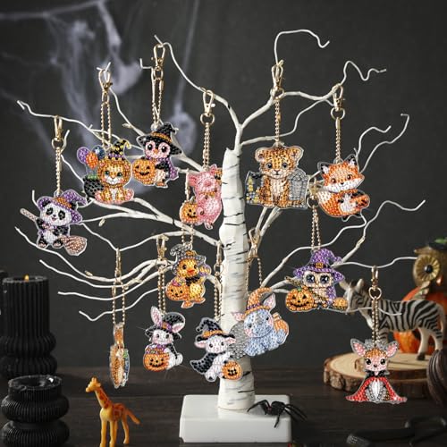 WILLBOND 30 Pcs Halloween Animal Diamond Art Painting Keychain Ornaments - color: Halloween Animal