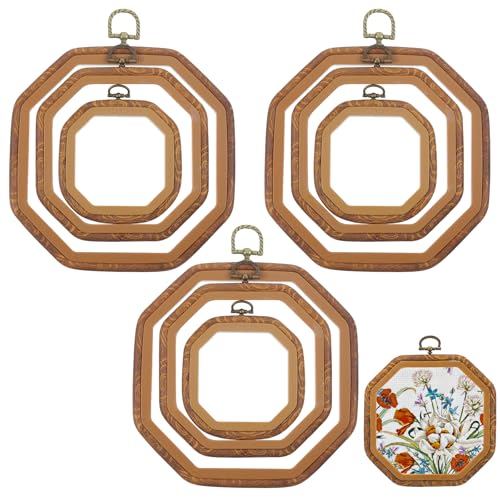 9 PCS Octagon Embroidery Hoop Bulk, 7/5.5/3.9inch Plastic Embroidery Hoop Imitated Wood Display Frame Hoops for Crafts for DIY Sewing Craft Hanging Decoration