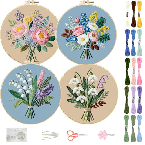 FREEBLOSS 4 Sets Embroidery Kit for Beginners Needlepoint Bouquet Stamped Embroidery Starter Kit with Instructions, Needles, Threads, 2 Hoops 11.6"/29.5CM - style: Bouquet