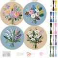 FREEBLOSS 4 Sets Embroidery Kit for Beginners Needlepoint Bouquet Stamped Embroidery Starter Kit with Instructions, Needles, Threads, 2 Hoops 11.6"/29.5CM - style: Bouquet