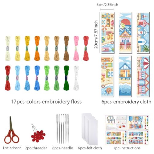 FREEBLOSS 6 Set Cross Stitch Bookmark Kits 8"x2.4" Summer Beach Scenery - style: Summer Beach