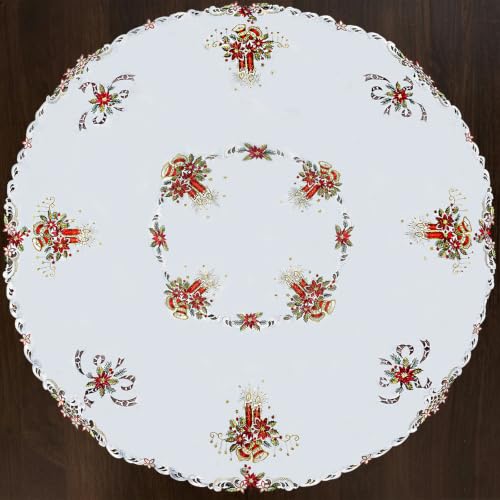 Grelucgo Holiday Tablecloth, White with Red Poinsettia Embroidered Design, Scalloped Edge, Christmas Dining Table Decor (Round 70 Inches) - size: 70" (Round)