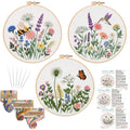 Nuberlic Embroidery Kit for Beginners, 3 Pack Floral Stamped Embroidery Starter Kit with Hoop, Pre Printed Flower Patterns, Threads, Needles and Step by Step Instructions, DIY Needlework Gift - color: flower