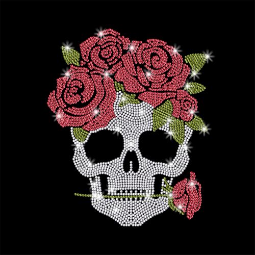 1 Pc Rose Skull Rhinestone Iron on Hotfix Transfer Decal, Bling DIY Patch Clothing Repair Applique T-Shirt Vest Shoes Hat Jacket Decor Clothing DIY Accessories - style: Rose Skull