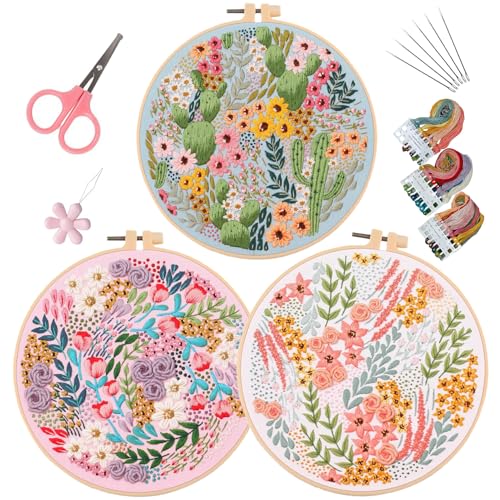 LB Pink Floral Embroidery Kit for Beginners Adults, 3 Sets Hand Embroidery Starter Kit with Cactus Flower Pattern and Instructions Stamped Cross Stitch Kits Include Embroidery Hoop Needles Threads - color: Pink Green