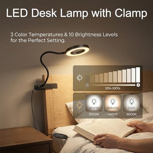 Reading lamp with Clamp, 3 Color Modes & 10 Brightness (Black)