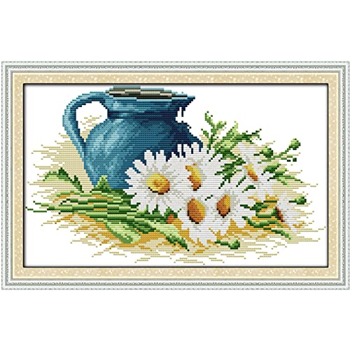 ITSTITCH Stamped Cross Stitch Kits for Adult-Full Set The Pottery and Daisy Patterns Embroidery,Needlepoint Starter Kits 11ct 3 Strands-17.7x11 inch - color: The pottery and daisy ,17.7x11 inch