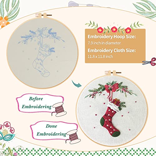 Canlierr 6 Sets Christmas Embroidery Kit with Pattern and Instructions Embroidery Starter Pattern Hoop Colored Threads Needlepoint Kit for Beginners Adults Supplies(Wreath Style)