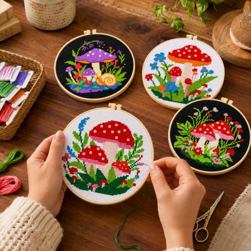 Zhenqing 4 Mushroom Cross Stitch Kit, 11CT Printed Fabric with Hoop - color: 4 mushroom kit