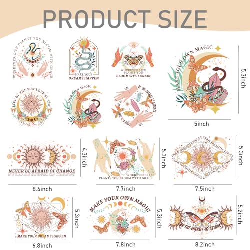 Dazoratix Iron On Patches Transfer - 12 Pcs Boho Sun Moon DTF Transfers for Girls Ready to Press Heat Decals Butterfly Patches for Women T-Shirts Clothing Backpacks Fabric Hoodie DIY Crafts Decoration - style: Boho