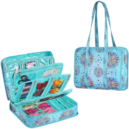 Hautton Sewing Craft Supplies Storage Tote, Large Capacity Organizer Bag with Multi Clear Pockets and Handle for Knitting, Crochet, Art Tools, Threads, Needles, Scissors and Accessories -Emerald - color: Emerald