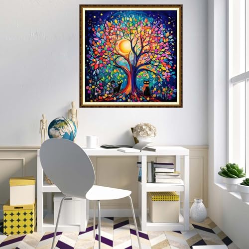 Redxing Counted Cross Stitch Kit for Beginners,Unprinted Needlepoint Kits for Beginners Cross Stitching Embroidery Kit 11CT Stitches kit-Cat Under Moonlight Tree 18x18 inch - color: KitColors15