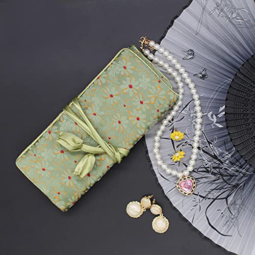 SmilerSmile Jewelry Travel Bag Embroidery Travel Jewelry Organizer with Tie Close Embroidered Flower Jewelry Roll for Women Girls (Flower Green) - color: Flower Green