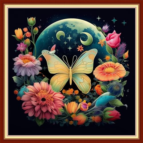 Foxdiviy Stamped Cross Stitch Kits Full Range of Embroidery Needlework Starter Kits for Beginners Adults 11CT Embroidery Patterns Art Crafts DIY Needlepoint Kits-Butterfly Moon 18x18 inch - color: Stamped Set 08