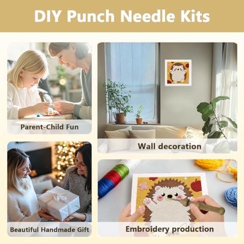 Doodlream Standing Hedgehog Needle Kit for Beginner, 9.4"x 9.4" Cute Animal Punch Stitching Craft Set, Color DIY Embroidery Starter with Printed Frame, Instruction, Threader, Yarn, Pinch Needle - color: Hedgehog
