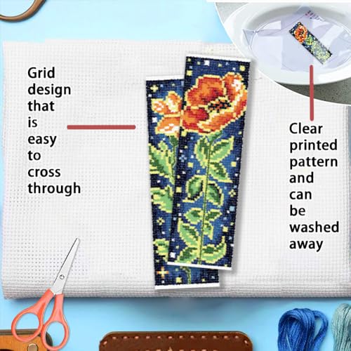 FREEBLOSS 6 Set Cross Stitch Bookmark Kit 11 CT Stamped Cross Stitch Kit DIY Embroidery Bookmark Kits for Adult Beginners with Instructions, Brightly Flowers Pattern, 6 x 20 cm/8" x 2.4" - style: Bright Edged Flowers
