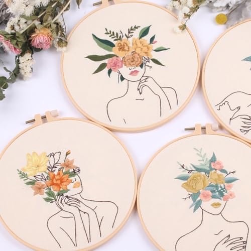 Chenflying Embroidery Starter Kits, 1/3 Sets Art Embroidery Kits for Beginners Adults with Embroidery Hoops Threads Needles and Instructions (White1) - color: White1