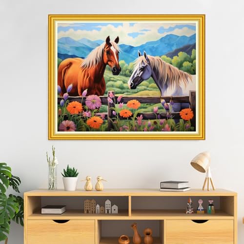 DMCVIVR Stamped Cross Stitch Kits for Beginners Adults Needlepoint Kits for Beginners Embroidery Kits for Adults Crossstitch Kit for Beginners 11CT-Horse Flower 16x20 inch - color: ArtKits16