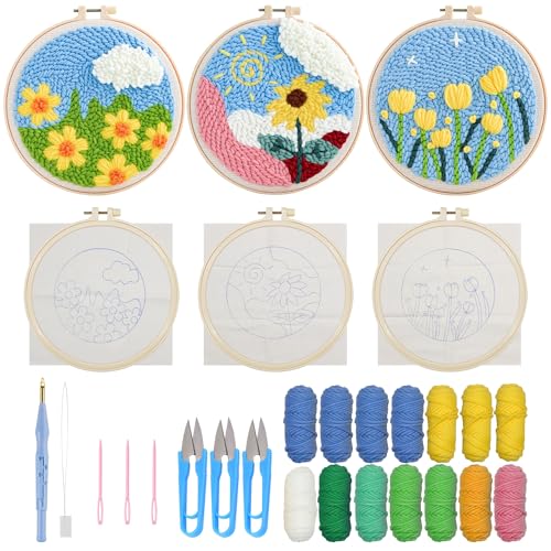 Allazone 3 Set Punch Needle Embroidery Starter Kits, DIY Craft Punch Needle Kits with Flower Pattern, Plastic Hoop, Yarn, Embroidery Handle Needle Pen and Instruction - color: Yellow flowers