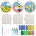 Allazone 3 Set Punch Needle Embroidery Starter Kits, DIY Craft Punch Needle Kits with Flower Pattern, Plastic Hoop, Yarn, Embroidery Handle Needle Pen and Instruction - color: Yellow flowers