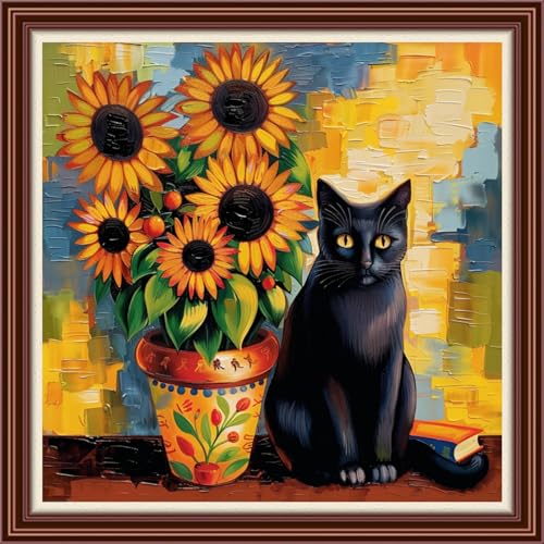 Dimensean Counted Cross Stitch Kit for Beginners, 11CT Unprinted Cross-Stitch Kit Easy Patterns Needlepoint Kit Cross Stitching Embroidery Kit Supplies-Sunflower Cat 18x18 inch - color: DIYColor14