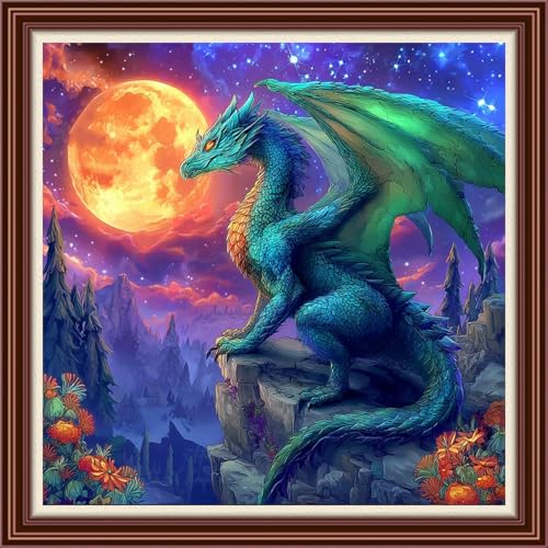 Dimensean Counted Cross Stitch Kit for Beginners, 11CT Unprinted Cross-Stitch Kit Easy Patterns Needlepoint Kit Cross Stitching Embroidery Kit Supplies-Moonlit Blue Winged Dragon 18x18 inch - color: DIYColor07