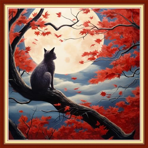 Disxvivy Cross Stitch Stamped Full Embroidery Kits DIY 11CT Cotton Thread Printed DIY Needlepoint Kits Craft Needlework Set Cross-Stitch Stamped Sets-Cats Admiring Moon 18x18 inch - color: Artstyle10