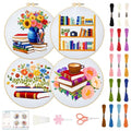 BEUNITONE 4 Set Book Flower Embroidery Kit for Adult Beginners 7.9x7.9 DIY Cross Stitch Kits Needlepoint Starter Kit with Pre-Printed Design and Hoops, Stamped Embroidery Kit for Home Ofiice Decor - style: B-Book Flowers