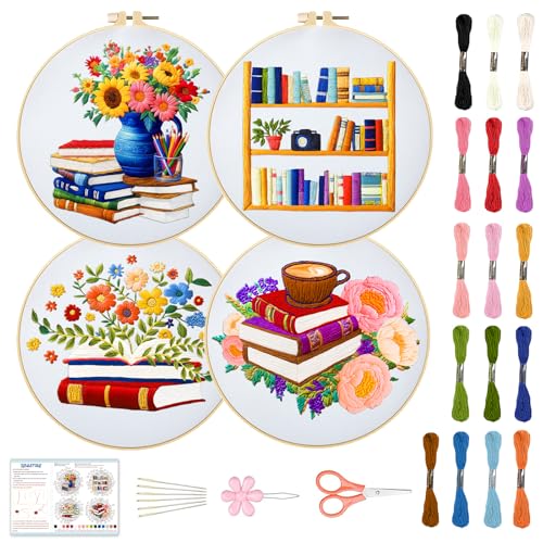 BEUNITONE 4 Set Book Flower Embroidery Kit for Adult Beginners 7.9x7.9 DIY Cross Stitch Kits Needlepoint Starter Kit with Pre-Printed Design and Hoops, Stamped Embroidery Kit for Home Ofiice Decor - style: B-Book Flowers