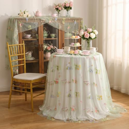 Floral Wildflower Tablecloth 60x120 Inches Sheer Sage Green Tulle Fabric - color: Sage Green, size: 60"x120", 1 Pc