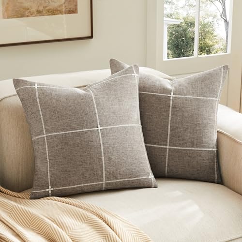 2 Packs Grid Embroidery Throw Pillow Covers 16x16in Cocoa Brown - color: Cocoa Brown, size: 16" x 16" (Pack of 2)