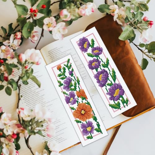 BEUNITONE 6 Set Floral Bookmark Cross Stitch Kits for Beginners with Instructions Floral Bookmarks Cross-Stitch Kit Stamped Embroidery Bookmark DIY Crafts Book Marker for Book Lovers 8''x2.4'' 11CT - style: Flower Cluster A