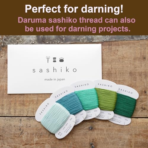 DARUMA Sashiko Thread 100% Cotton Card Type (32.8 yd) x 5 Colors with English Manual, Sewing & Embroidery Value Set with Gift Package(Thick, Komorebi) - color: Komorebi, size: Thick