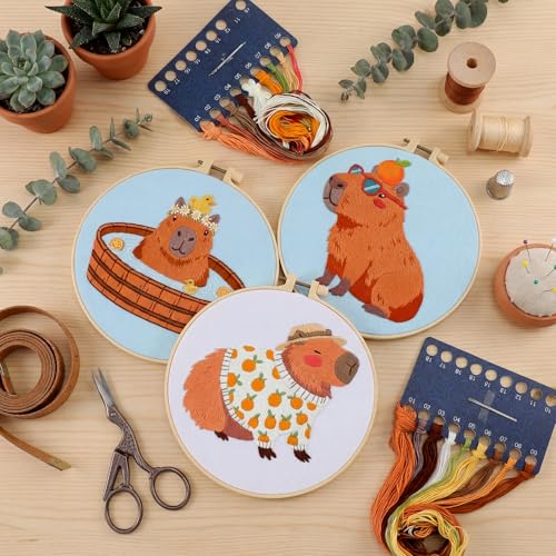 Mindsoft 3 Set Needlepoint Kit for Beginners with Hoop,Capybara - style: Capybara