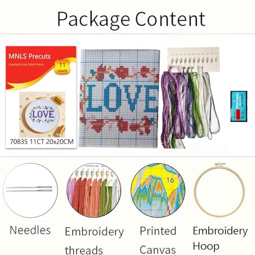 Zhenqing Love Word Cross Stitch Kit for Beginners, 11CT Printed 20x20cm with 16cm Hoop, Purple & Floral Embroidery Set(70835) - color: LOVE