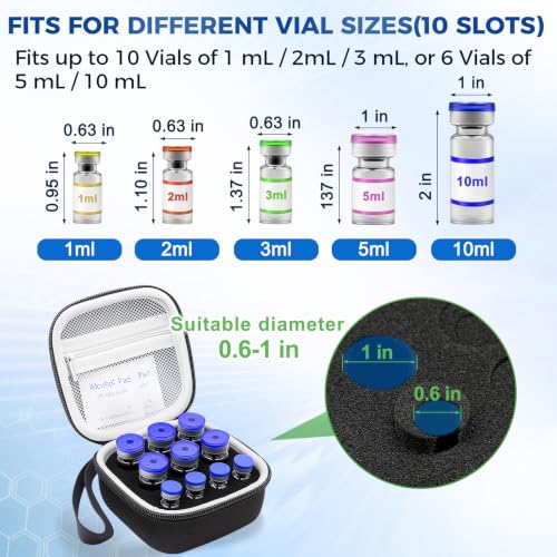 10 Slots Peptide Case for Fridge Vial Case 1ml 2ml 3ml 5ml 10ml Vials - color: Black-4×(1-3ml)+6*(1-10ml)