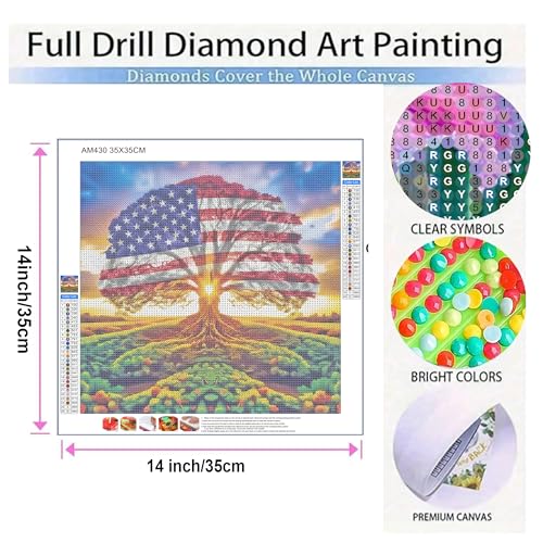 KUFWKEY Diamond Painting Kits for Adults,Tree of Life Diamond Painting kit,American Flag Round Diamond Dots for Beginner,Gem Painting,DIY Art and Crafts,Home Wall Decor 14x14 Inch - color: AM430