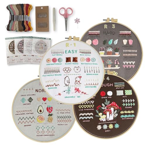 Emmanoth 5-Pack Beginner Embroidery Kit, Pre-Stamped Floral Patterns with Step-by-Step Embroidery Book HD Video, Adjustable Hoop, Colorfast Threads, 10 Needles & Tools, DIY Craft Gift for Adults Teens