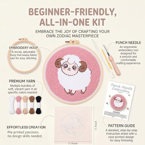 Harimau Punch Needle Kit Twelve Zodiac Signs Pattern,1Pc Embroidery Hoop, Essential Punch Needle Supplies,Ideal Punch Art for Beginners,DIY Adults Embroidery, Video Teaching - color: 65275