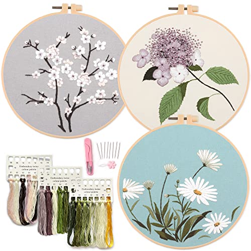 Silentsea 3 Sets of Starter Kits for Embroidery Beginners, Including 3* Embroidery Cloth with Patterns, Hoop, Needle, Manual and Other Manual DIY Tools Needed for Embroidery - color: multicolor