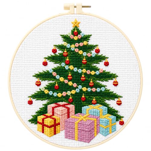 Zhenqing Christmas Tree & Bells Cross Stitch Kit with Hoop - 11CT Pre-Printed 24x24cm Fabric & Complete Tools for Beginners (68321) - style: Christmas Tree & Bells